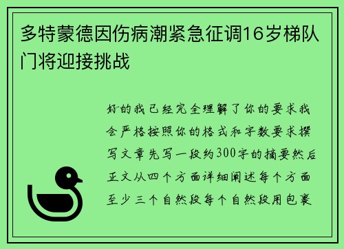 多特蒙德因伤病潮紧急征调16岁梯队门将迎接挑战