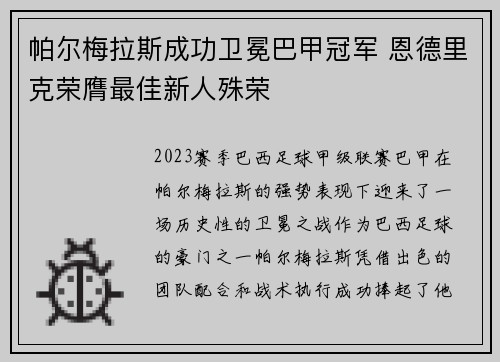 帕尔梅拉斯成功卫冕巴甲冠军 恩德里克荣膺最佳新人殊荣 帕尔梅拉斯成功卫冕巴甲冠军 恩德里克荣膺最佳新人殊荣