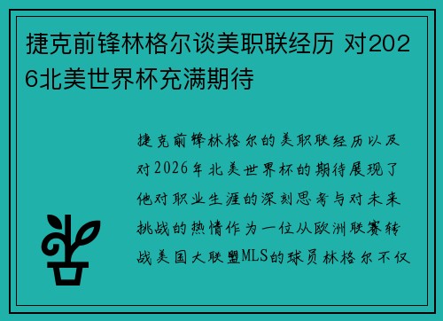 捷克前锋林格尔谈美职联经历 对2026北美世界杯充满期待 捷克前锋林格尔谈美职联经历 对2026北美世界杯充满期待
